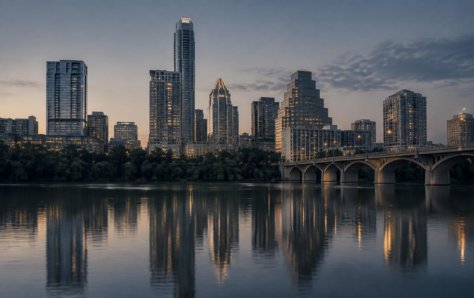 Downtown Austin, Texas skyline at dusk across Lady Bird Lake